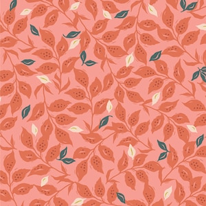 May include: A repeating pattern of stylized leaves and branches in shades of coral, rust, teal, and cream. The leaves have a textured appearance, and the background is a soft coral color. This design is suitable for fabric, wallpaper, or other decorative applications.