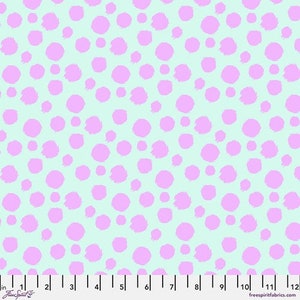 May include: A seamless fabric pattern with a light blue background and a repeating pattern of pink circles.