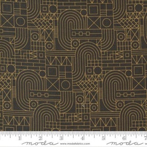 May include: A black fabric with a gold geometric pattern. The pattern includes circles, squares, triangles, and arches. The fabric is 7 inches wide.