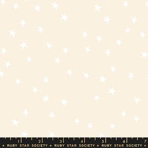 May include: Pale cream fabric featuring a random scattering of white star shapes. The stars have an imperfect, hand-drawn look. The fabric's soft, neutral tones make it suitable for a range of craft and sewing applications.