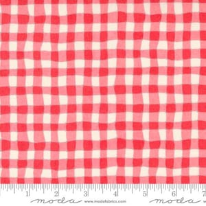May include: Pink and white gingham fabric with a subtle hand-drawn texture. The fabric is a woven cotton blend and is perfect for quilting, sewing, and crafting.