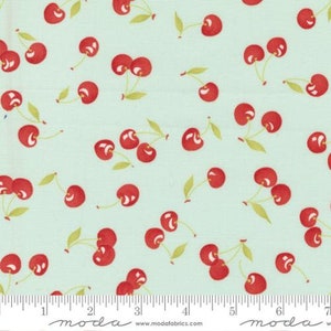 Cherry fabric on light blue from Fruit Cocktail line by Joanna Figaro for Moda 20462 14 by the yard cut to order