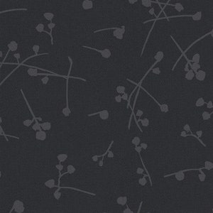 May include: A seamless pattern featuring a dark gray background with a repeating design of small gray floral sprigs.