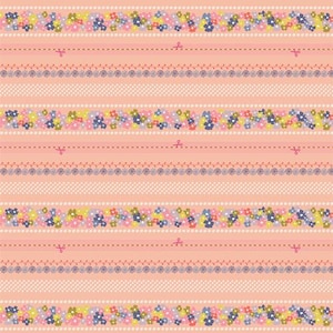 May include: A repeating pattern featuring horizontal stripes of various designs on a peach background. The stripes include floral borders, dotted lines, and decorative stitching, with small scissors icons interspersed.