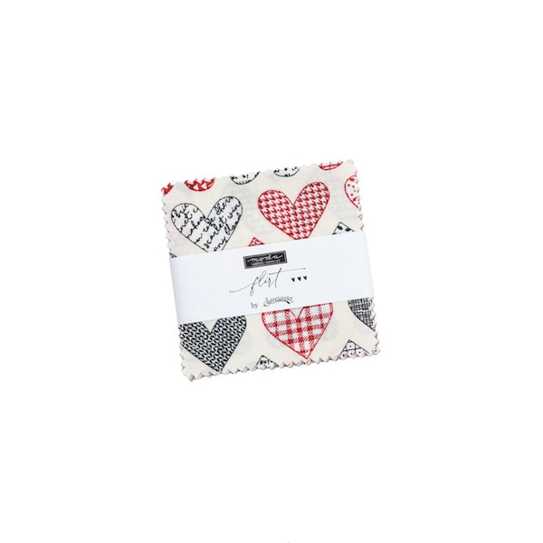 Flirt Mini Charm pack 2.5" precut fabric squares by Sweetwater for Moda 55570MC hearts in red white and black treat