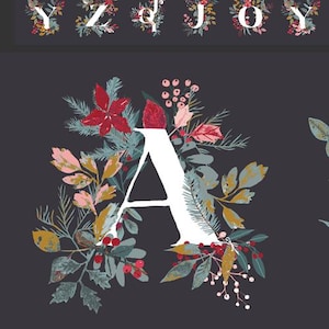 May include: Dark gray fabric with white letters A-Z, each surrounded by a floral wreath. The wreaths feature red, pink, and green leaves and berries. The text "44-45" WOF" is at the top.