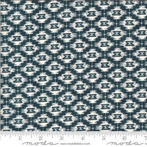 May include: A fabric with a repeating geometric pattern in shades of teal, white, and gray. The design features diamond shapes with a stylized zigzag motif. The fabric is likely cotton and suitable for quilting or apparel.