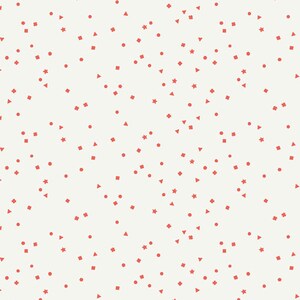 May include: A seamless pattern with a white background and red geometric shapes. The shapes include circles, squares, stars, and triangles.