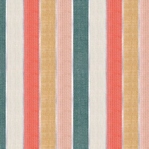 May include: A striped fabric with alternating bands of beige, light pink, dark teal, and coral.