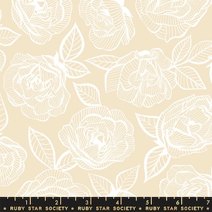 May include: A seamless pattern featuring white line drawings of roses and leaves on a light beige background. The pattern is repeated throughout the image.