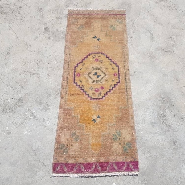 Petit tapis turc Oushak fait à la main, 1'3'x3'6' ft Paillasson décoratif, Tapis d’entrée tissé, Tapis de bain, Tapis de paillasson vintage, Tapis oriental, 110x41