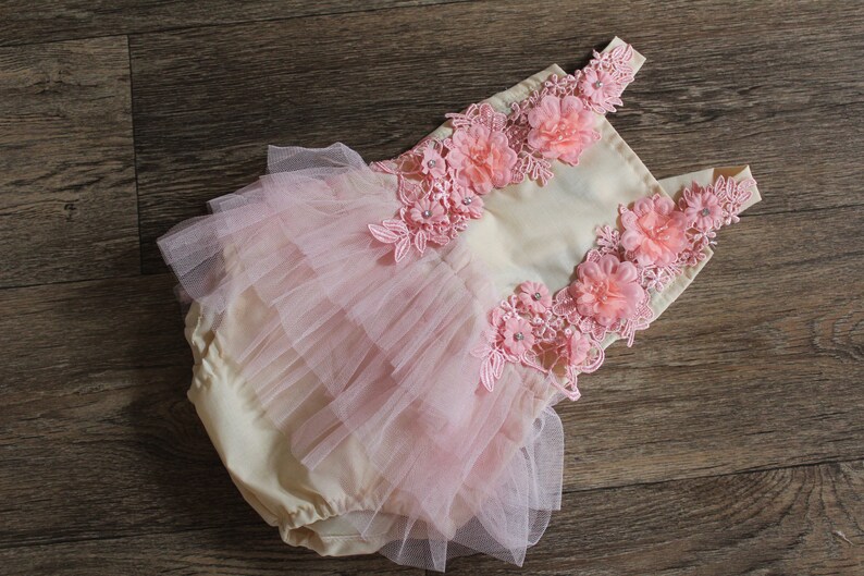 floral romper sitter props sitter floral outfit beige photo prop sitter romper and tieback- baby girl photography Prop crown