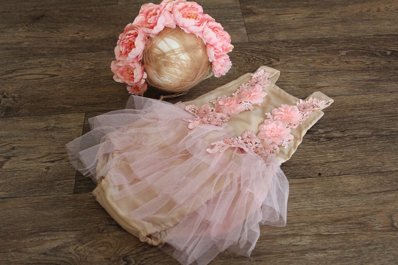 floral romper sitter props sitter floral outfit beige photo prop sitter romper and tieback- baby girl photography Prop crown