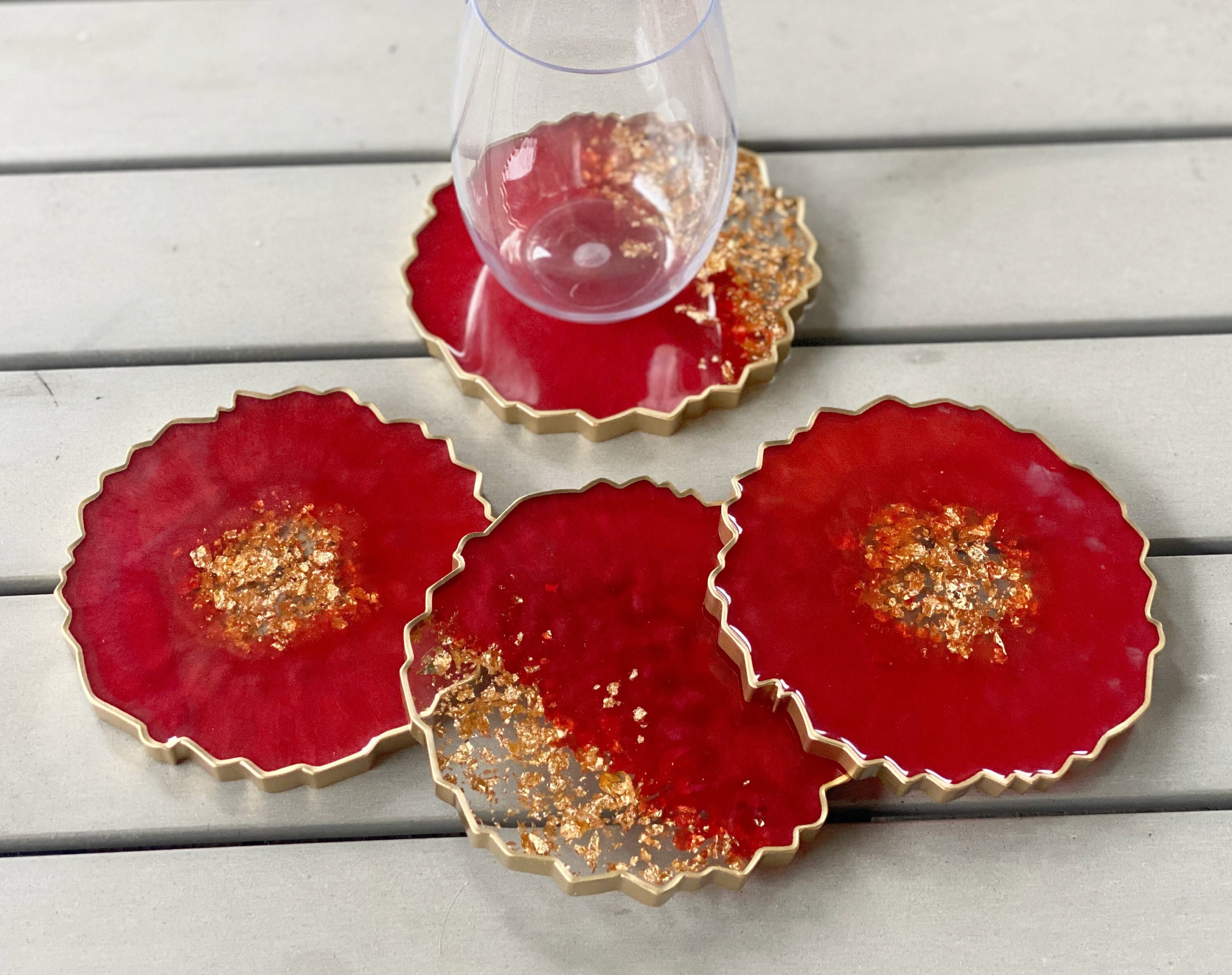 White Gold Flakes Clear and Gold Decorative Resin Coasters Set of 4 Round Red