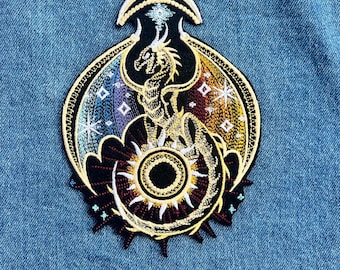 Celestial dragon iron on patch, Sun and Moon day to night fantasy creature sew on badge, DIY applique