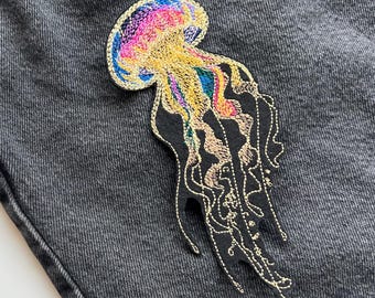 Colorful jellyfish embroidered patch, Iron on ocean medusa badge for jackets and jeans, Sustainable DIY clothing decor