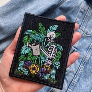 Plant lover patch, Skull with plants iron on badge, Embroidered flowers applique, Plants obsessed, Plant parent large jacket sew on