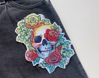 Embroidered roses and rainbows skull patch, Skull with plants iron on badge, Embroidered flowers applique,
