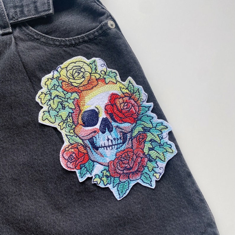 Embroidered roses and rainbows skull patch, Skull with plants iron on badge, Embroidered flowers applique, image 1