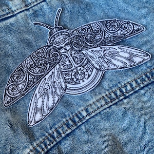 Steampunk patch, Intricate Clockwork Beetle patch, Iron on bug badge, Monochrome patch for jacket, Large back patch, Insect patch