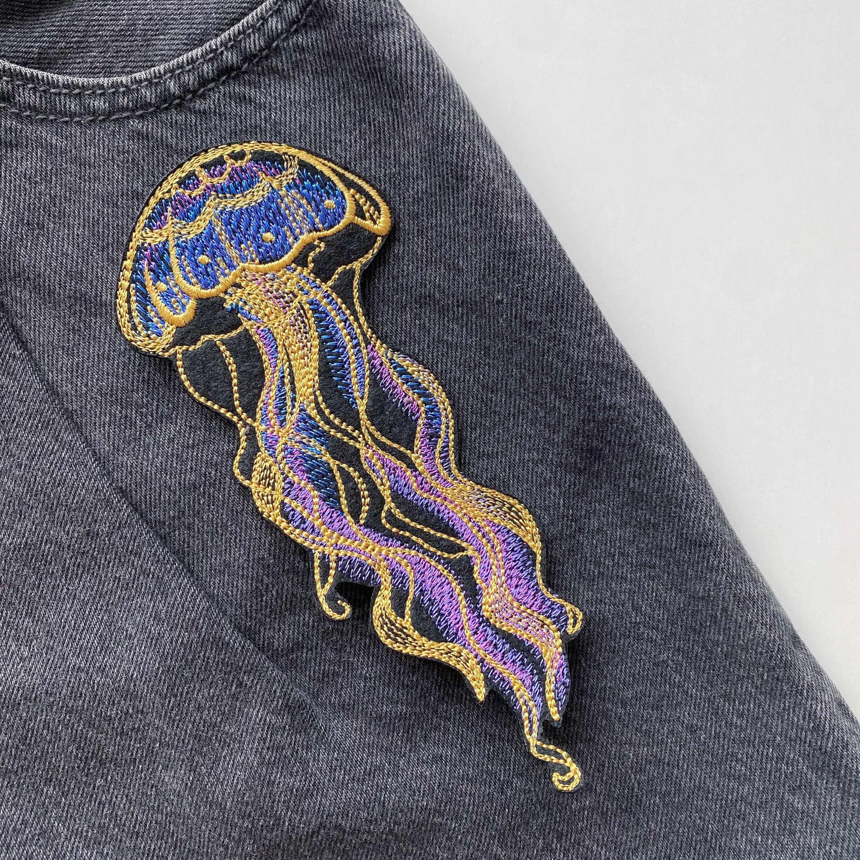 Embroidered jellyfish patch, Iron on medusa badge, Sustainable clothing decor