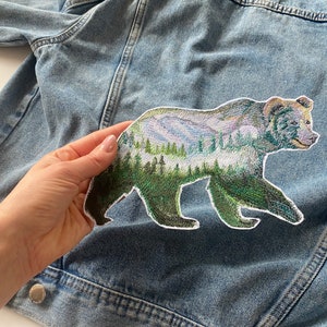 Polar bear patch, Nature forest mountains hiking patch, Iron on arctic animal patch, White bear applique, In the woods badge, embroidered image 2