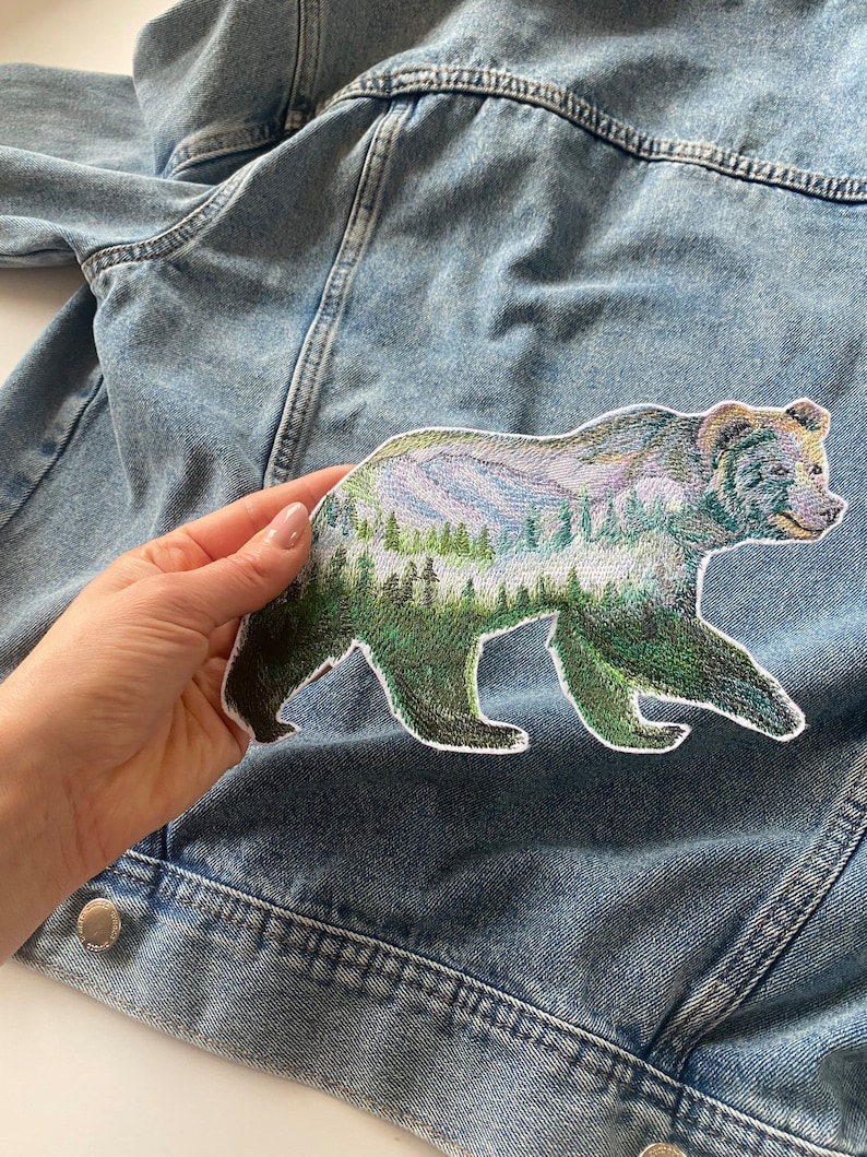Polar bear patch, Nature forest mountains hiking patch, Iron on arctic animal patch, White bear applique, In the woods badge, embroidered image 2