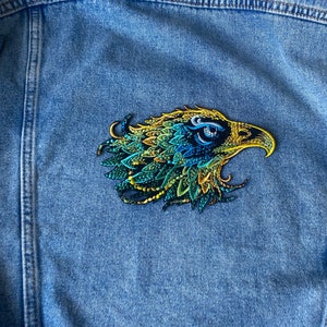 Fierce wild hawk patch, Colorful eagle iron on adhesive, Large sparrow embroidered applique, Cool bird sew on patch