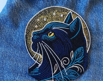 Patch thermocollant chat lune, appliqué brodé pour jeans, vestes, sacs à dos