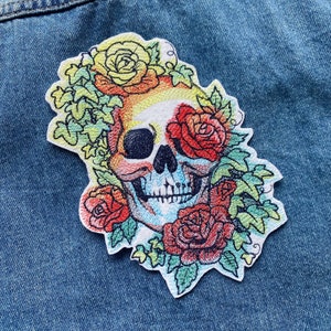 Embroidered roses and rainbows skull patch, Skull with plants iron on badge, Embroidered flowers applique, image 2