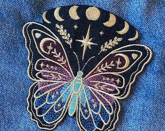 刺繍入り蝶のパッチ：月の満ち欠けのアイロン接着アップリケ