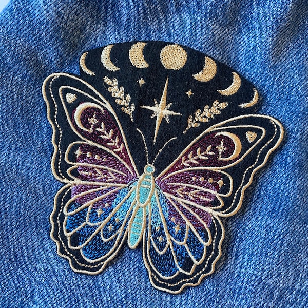 Colorful butterfly patch, Moon phases moth iron on, Large jacket pin, Embroidered adhesive applique, Nature animal patch, Insect badge