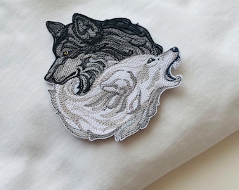 Untamed wolves fusible patch, Wolf howling patch,Black white wolf yin yang woodland applique, wolf backpatch punk, Celtic wolf embroidery