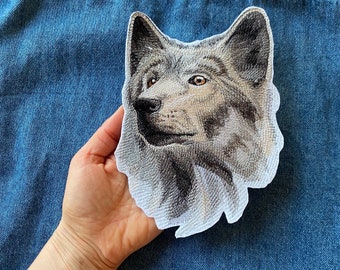 Geborduurde wolf opstrijkpatch, grote badge op de achterkant van de jas