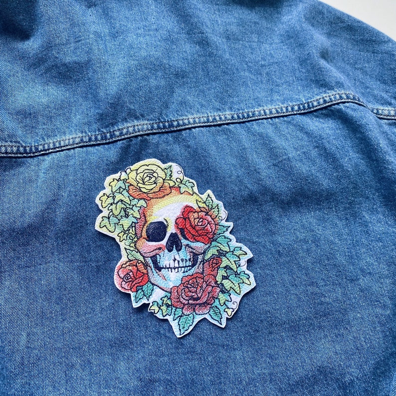 Embroidered roses and rainbows skull patch, Skull with plants iron on badge, Embroidered flowers applique, image 3
