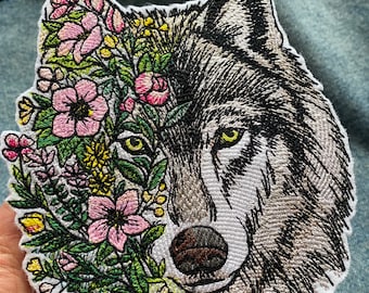 Wolf with flowers fusible patch, Large iron on patch, Flowers woodland applique, Animal sew on applique, wolf backpatch punk,