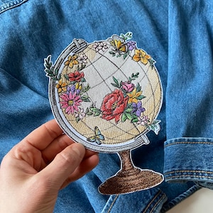 Floral world love iron on globe patch, Travel jacket back decor