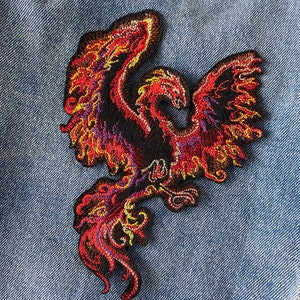 Phoenix iron on patch, Rising fire bird badge, Red gold mystic creature, Fey creature, Embroidered phoenix motif, Red flame bird