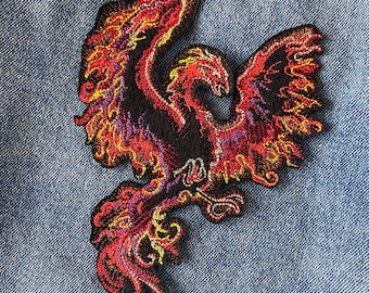 Embroidered Phoenix Iron On Patch: Red Gold Fire Bird Motif