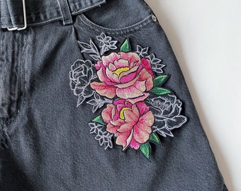 Peonies flower patch, Embroidered iron on applique