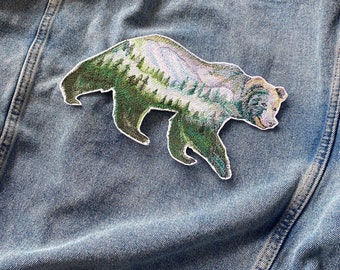 Polar bear patch, Nature forest mountains hiking patch, Iron on arctic animal patch, White bear applique, In the woods badge, embroidered