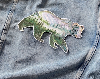 Polar bear patch, Nature forest mountains hiking patch, Iron on arctic animal patch, White bear applique, In the woods badge, embroidered