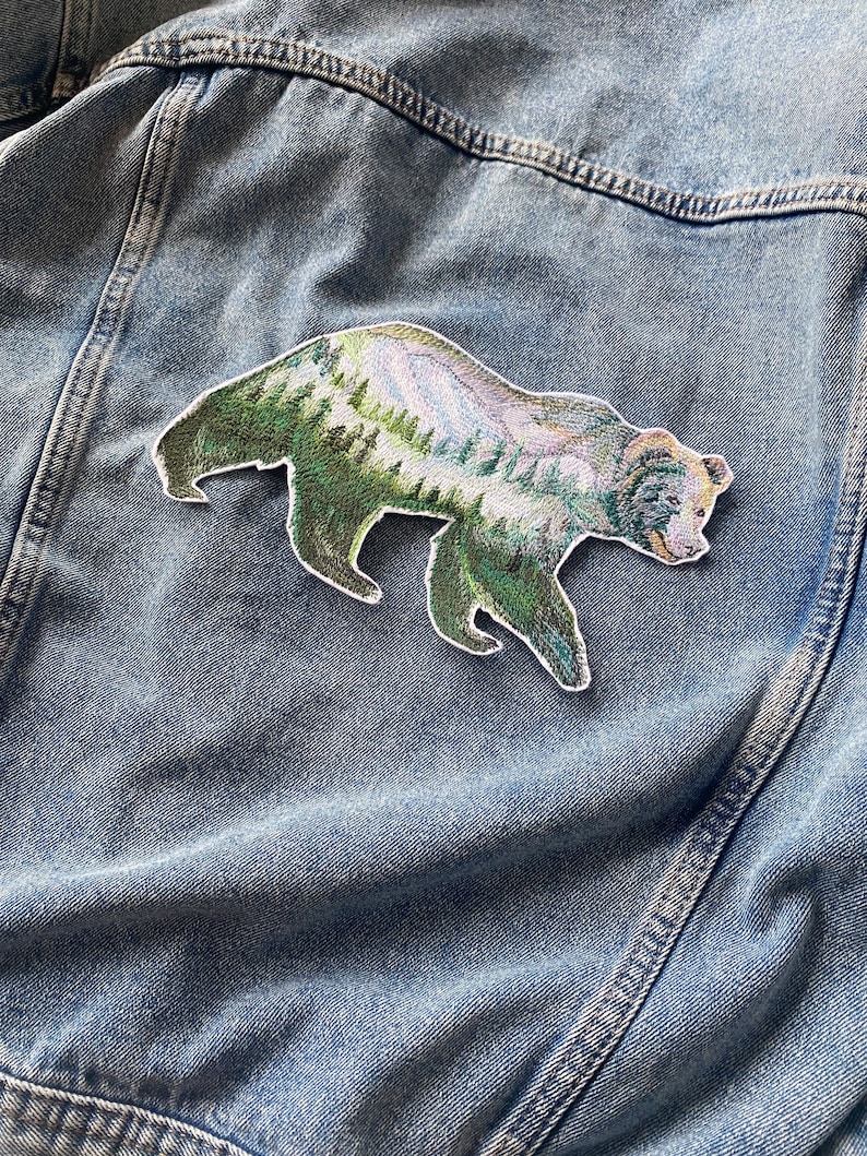 Polar bear patch, Nature forest mountains hiking patch, Iron on arctic animal patch, White bear applique, In the woods badge, embroidered image 1