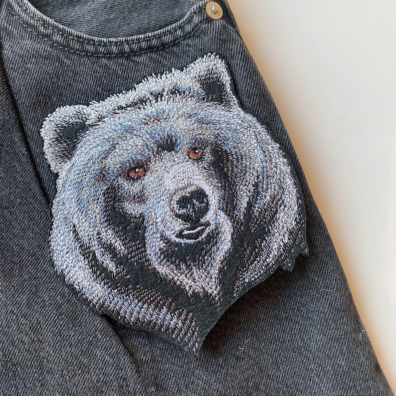 Black bear embroidered iron on patch, Grizzly back badge for jackets, vests, bags image 1