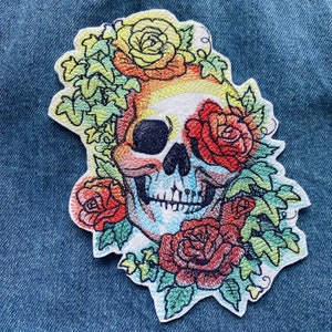 Embroidered roses and rainbows skull patch, Skull with plants iron on badge, Embroidered flowers applique, image 4