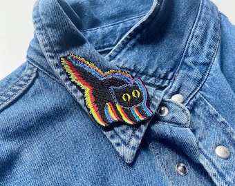 Black cat patch iron on, Embroidered Halloween funny applique for jeans, jackets, backpacks, Glitch effect kitten sew on badge, Spooky gift