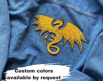 ゴールデンドラゴン刺繍アイロン接着パッチ：ファンタジージャケットアップリケ