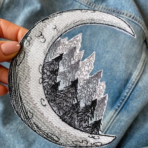 Nature patch, Crescent moon iron on applique, Starry night sky iron on patch, Tree patch, Night in the woods patch, Space planets badge