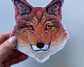 Embroidered fox patch. Autumnal tribal fox iron on patch. Baroque fox badge. Embroidered dreamy woodland sew on patch, boho patch