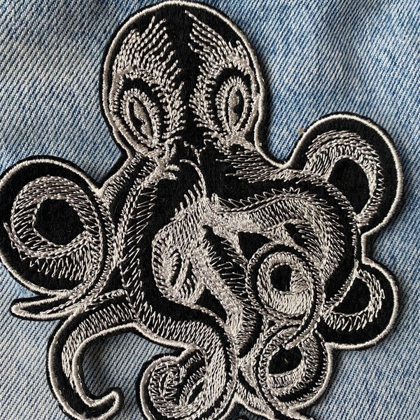 Octopus iron on patch, Kraken patch, Ocean creature applique, Sea embroidered patch, Halloween patch, Cool patch for jacket